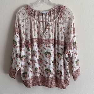 New Directions Women's Floral Blouse in Cream and Pink Size M EUC Long Sleeve